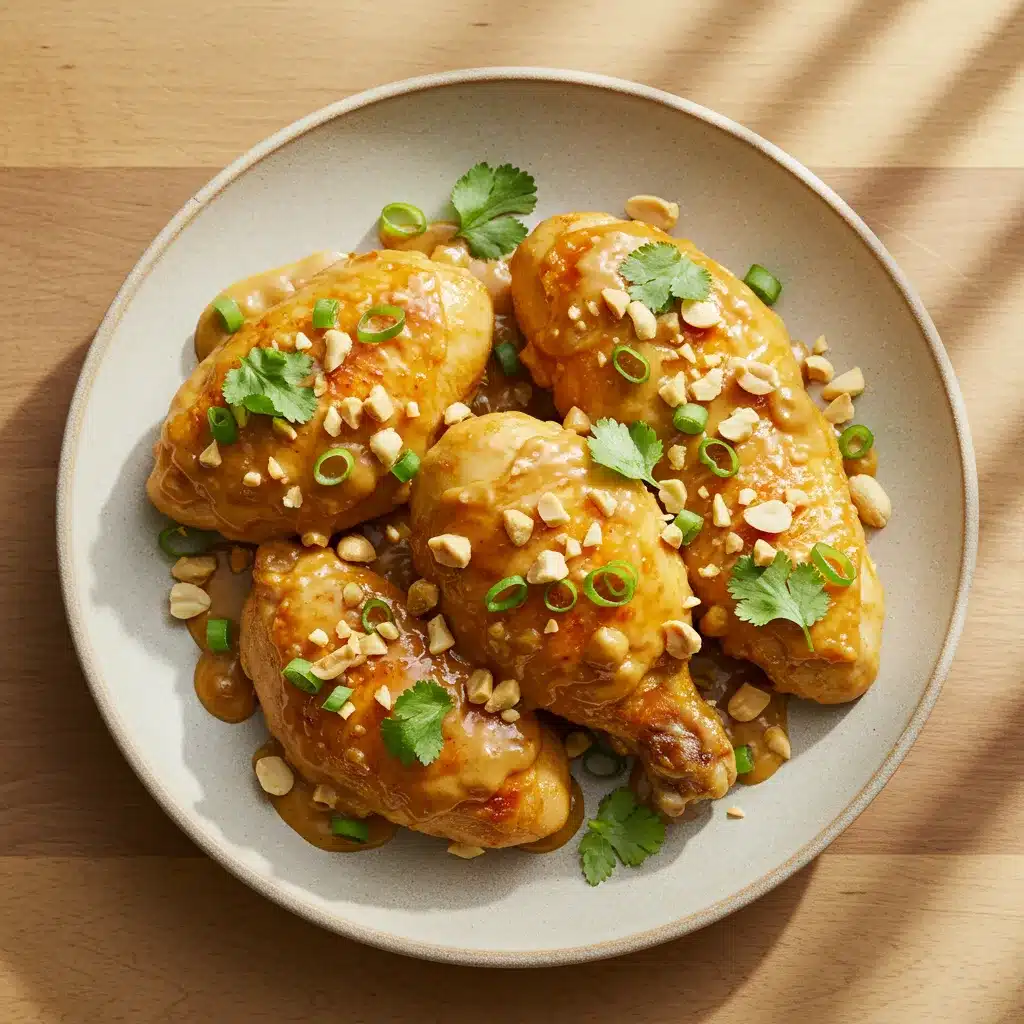 Effortless & Delicious Chicken with Peanut Butter Recipe - Weeknight Dinner Delight! 2 Overhead view of delicious homemade Chicken with Peanut Butter recipe, garnished with peanuts and cilantro.