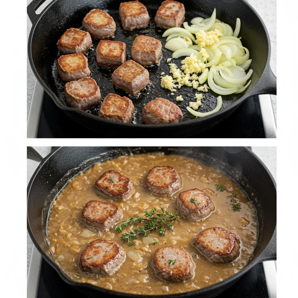 Combined steps image for deer cube steak recipes recipe showing: 1) Browning deer cube steaks, 2) Sautéing onions and garlic, 3) Simmering steaks in gravy, visually summarizing the key cooking stages.
