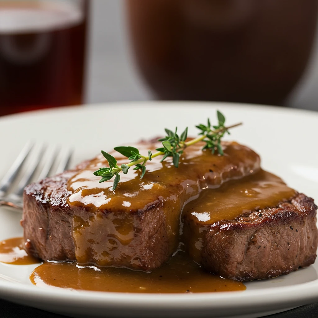 Appetizing close-up image of the finished deer cube steak recipes dish, showing the rich brown gravy, tender steak texture, and fresh thyme garnish.