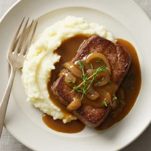Stunning overhead photo of delicious deer cube steak recipes smothered in a savory brown gravy, garnished with fresh thyme, and served with creamy mashed potatoes.