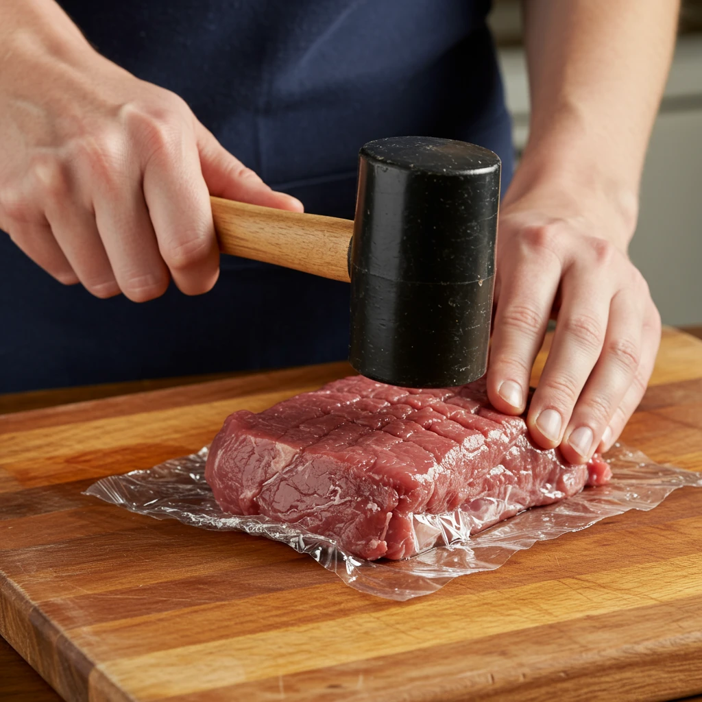 Pro Tip: Image showing how to tenderize deer cube steaks using a meat mallet before cooking for extra tenderness.