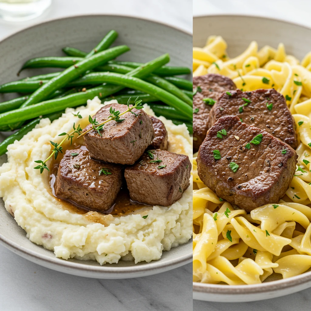 Deer cube steak recipes served over mashed potatoes with green beans and another version served over egg noodles with parsley, showcasing serving variations.