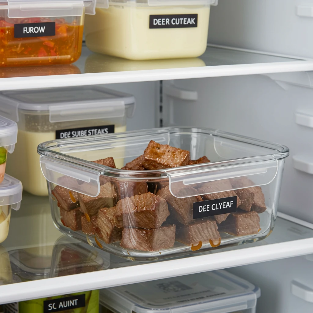 Deer cube steak recipes leftovers stored in a clear glass container with a lid in a refrigerator, demonstrating proper food storage.