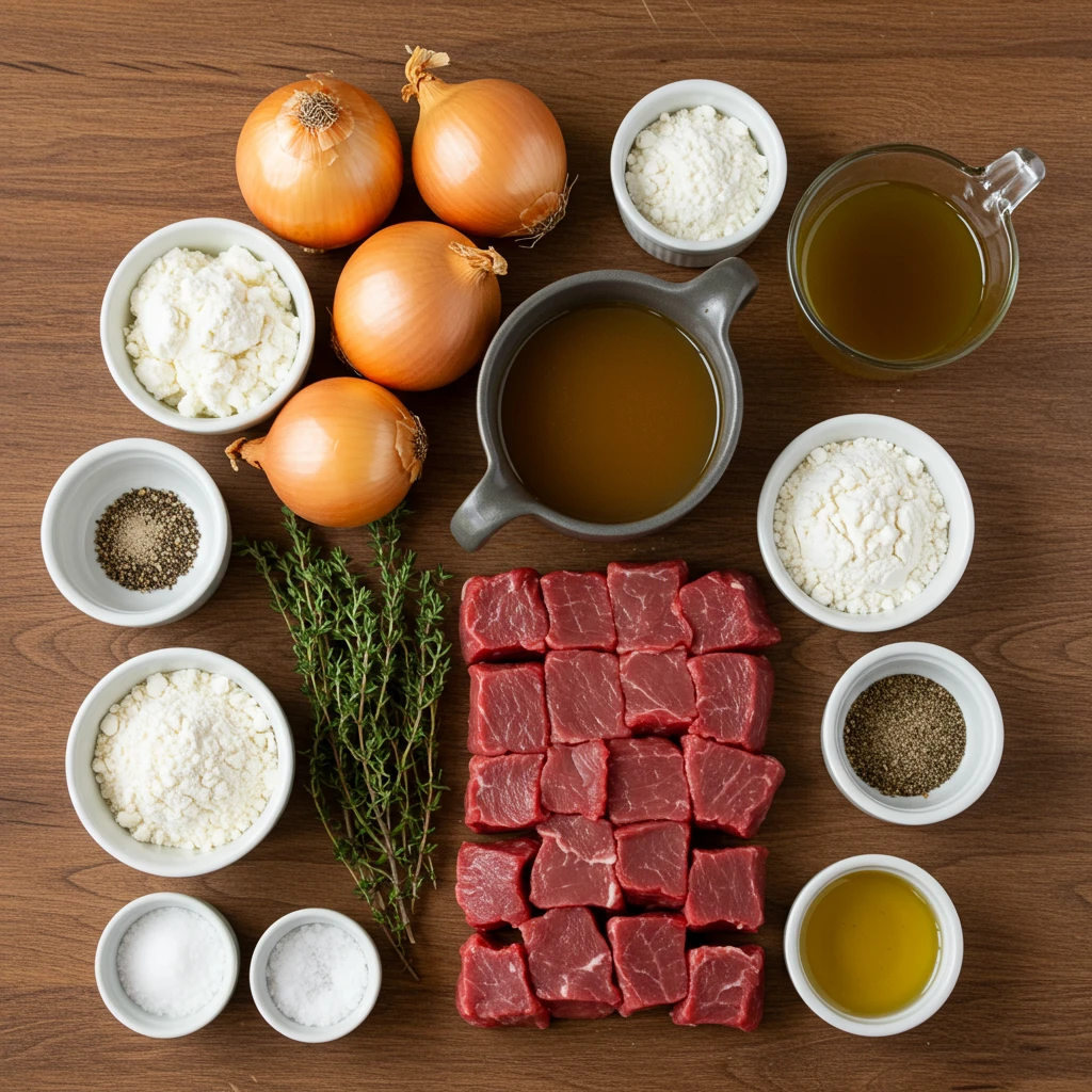 Flat lay of unpackaged deer cube steak recipes ingredients: raw venison cube steaks, halved yellow onions, garlic cloves, fresh thyme sprigs, beef broth, all-purpose flour, olive oil, salt, and pepper.