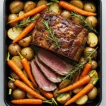 Delicious and juicy elk roast recipe with perfectly browned crust, surrounded by colorful roasted carrots and potatoes, garnished with fresh rosemary. A restaurant-quality meal made easy at home.