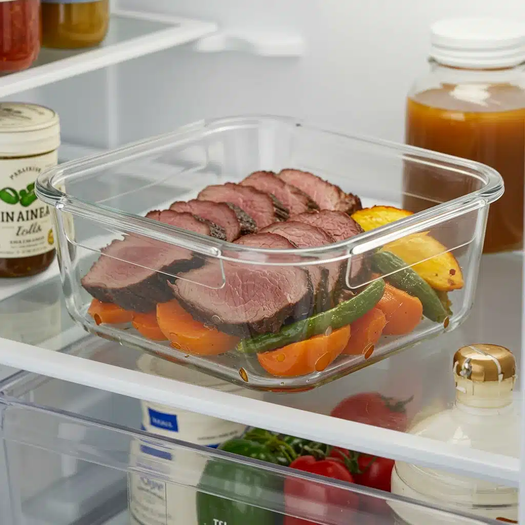 Elk roast leftovers stored in a clear glass container with a lid in a refrigerator.