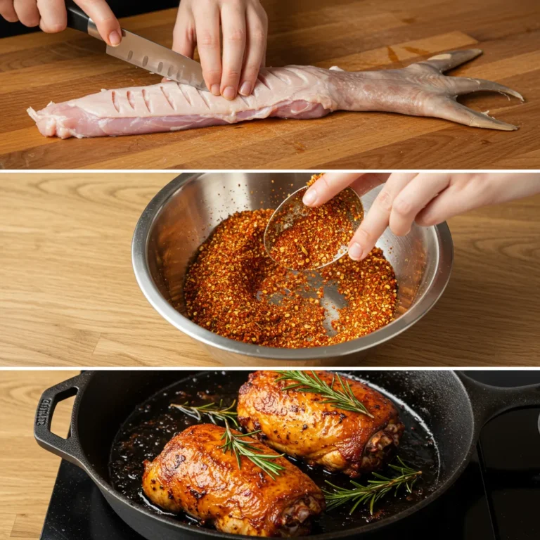 Key steps in cooking turkey tail recipe: scoring, seasoning, roasting.