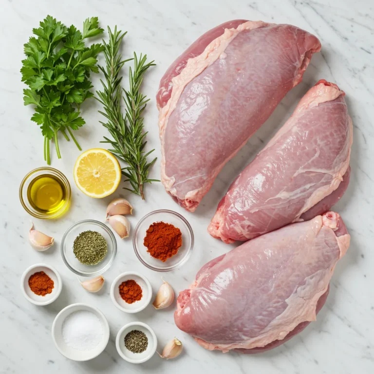 Ingredients for turkey tail recipe: turkey tails, rosemary, garlic, lemon, olive oil, paprika, thyme, salt, pepper.