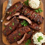 Mouthwatering overhead photo of leftover ribs recipe, showcasing tender meat coated in a rich, smoky sauce, garnished with fresh parsley and served with creamy coleslaw.