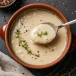 Delicious overhead shot of homemade 'popeyes gravy recipe' in a brown bowl, glistening and topped with fresh thyme, ready to be served.