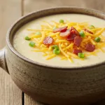 Creamy Outback Steakhouse Potato Soup Topped with Bacon and Cheese