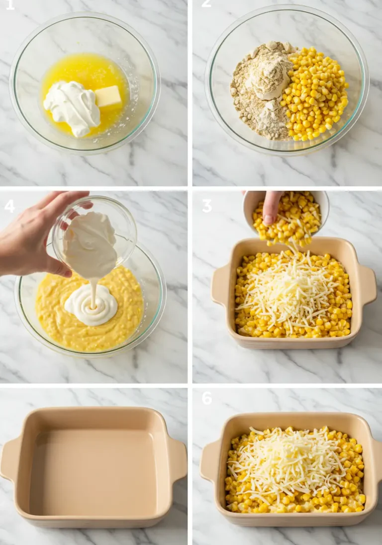 Six visual steps for making Cracker Barrel Corn Casserole