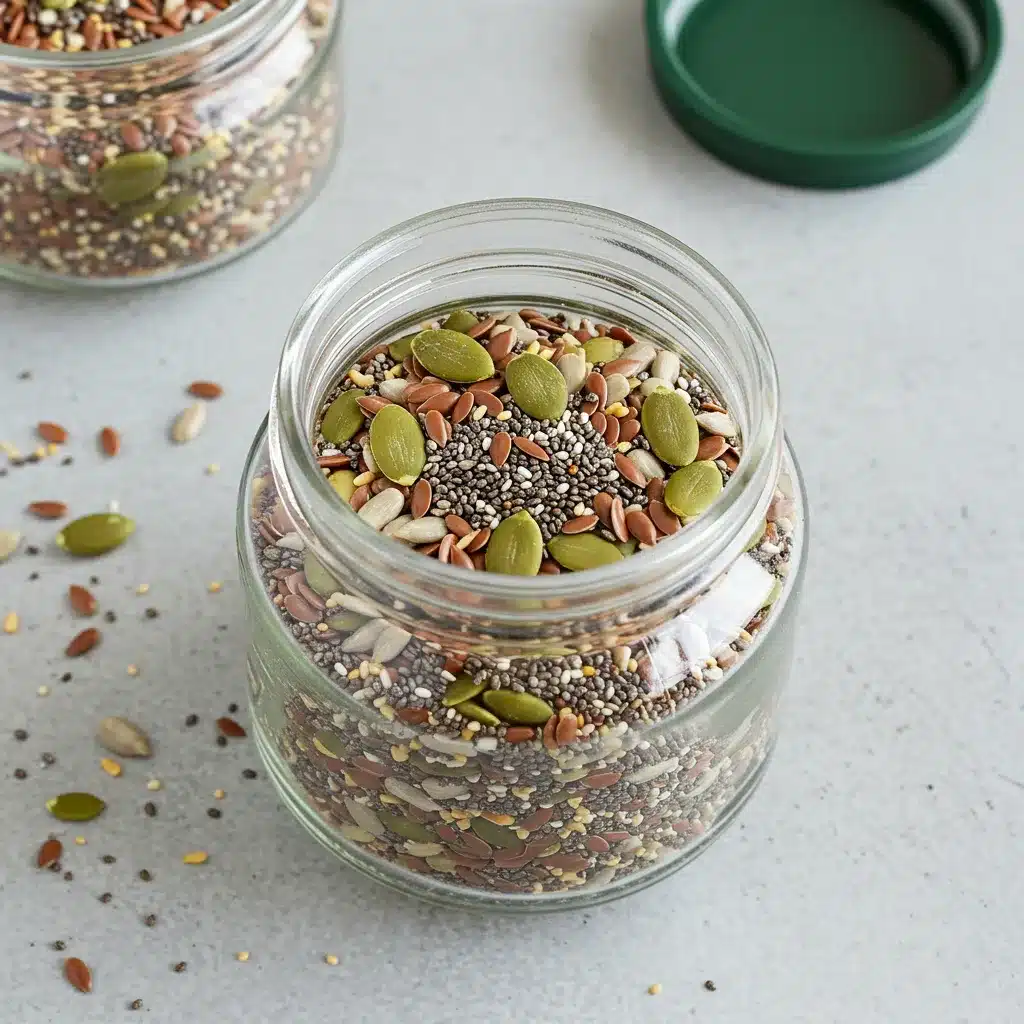 A finished Bariatric Seed Recipe mix with pumpkin and chia seeds in a clear glass jar.