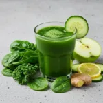 Green Juice Recipe for Weight Loss (Fast & Easy) A vibrant green juice in a glass, surrounded by its fresh ingredients like spinach, apple, kale, and ginger.