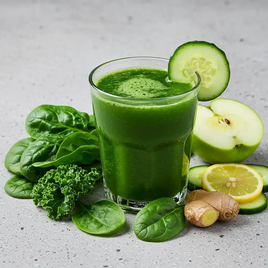 Green Juice Recipe for Weight Loss (Fast & Easy) 2 A vibrant green juice in a glass, surrounded by its fresh ingredients like spinach, apple, kale, and ginger.