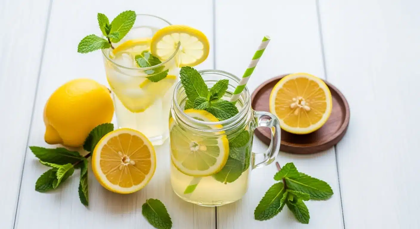 Refreshing lemon balm recipe for weight loss served as iced tea in a glass and mason jar, garnished with lemon and mint.