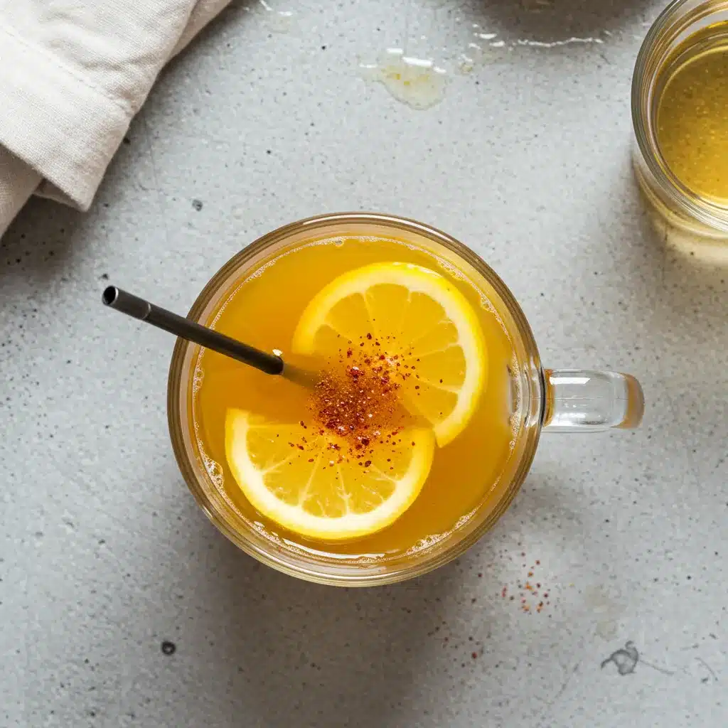 Apple Cider Vinegar Drink Recipe for Weight Loss 3 Top-down view of an Apple Cider Vinegar Drink Recipe for Weight Loss, garnished with lemon slices and cayenne pepper in a glass mug.