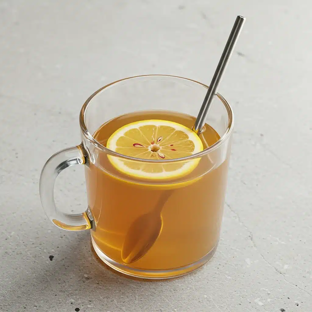Apple Cider Vinegar Drink Recipe for Weight Loss 4 A single serving of the Apple Cider Vinegar Drink Recipe for Weight Loss presented in a clear glass mug with a lemon slice and a metal stirrer.