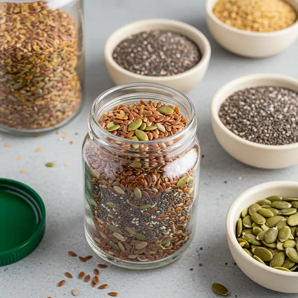 Bariatric Seed Recipe for Weight Loss (bariatric seed ritual) 3 A freshly mixed Bariatric Seed Recipe in a glass jar with whole ingredients nearby.
