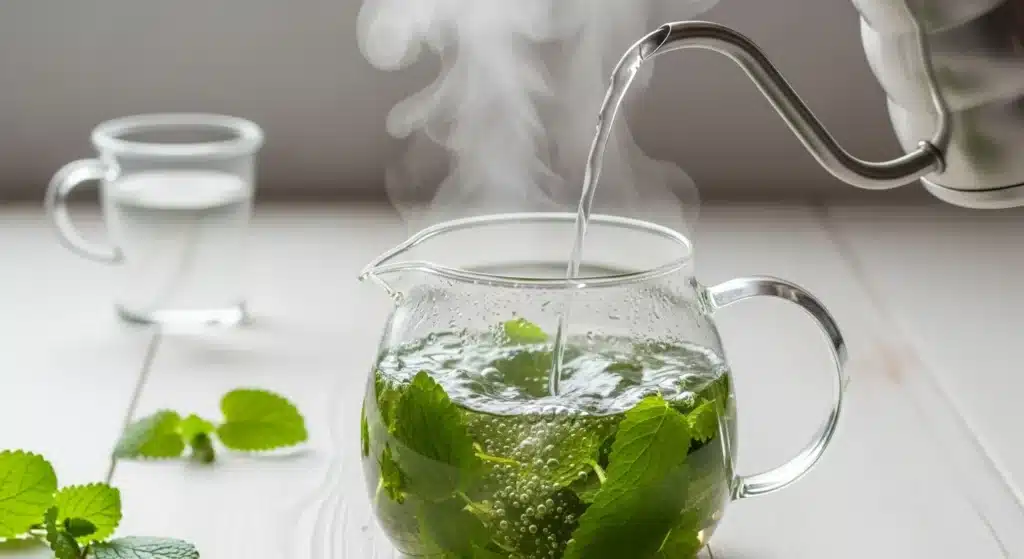 Lemon Balm Recipe for Weight Loss 7 Hot, steaming water being poured into a glass teapot to create an easy lemon balm recipe for weight loss.