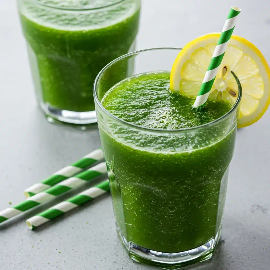 Green Juice Recipe for Weight Loss (Fast & Easy) 4 Two glasses of a healthy green juice, with one in focus featuring a striped straw and lemon garnish.