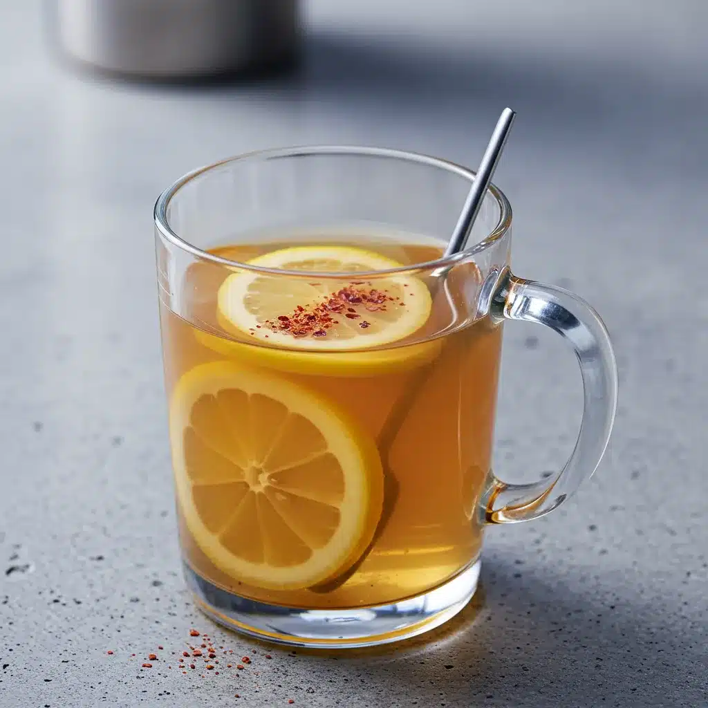 Apple Cider Vinegar Drink Recipe for Weight Loss 5 A warming Apple Cider Vinegar Drink Recipe for Weight Loss served in a glass mug with two lemon slices and a sprinkle of red pepper flakes.