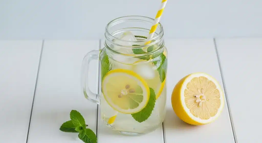 Lemon Balm Recipe for Weight Loss 9 A delicious and chilled lemon balm recipe for weight loss served in a mason jar with a straw and lemon slice.