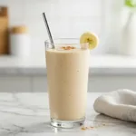 Finished creamy Banana Bariatric Shake in a glass with a straw and banana garnish on a marble counter.