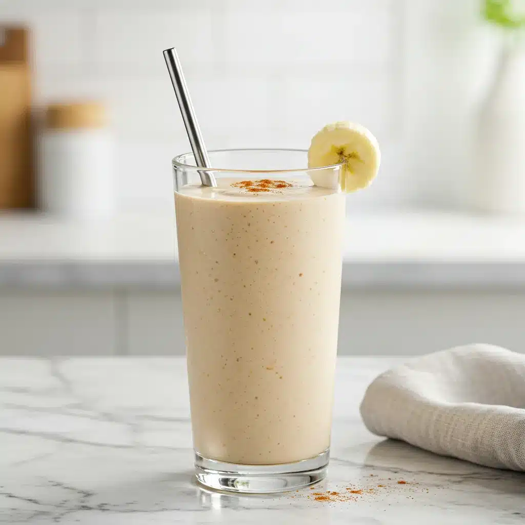 Banana Bariatric Shake Recipe (3-Ingredient!) 2 Finished creamy Banana Bariatric Shake in a glass with a straw and banana garnish on a marble counter.