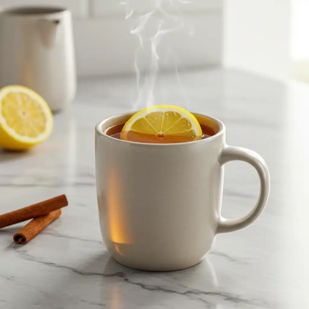 Bariatric Tea Recipe for Weight Loss (3-Ingredient Option!) 2 Steaming hot Bariatric Tea Recipe in a beige mug with a lemon slice on a marble countertop.