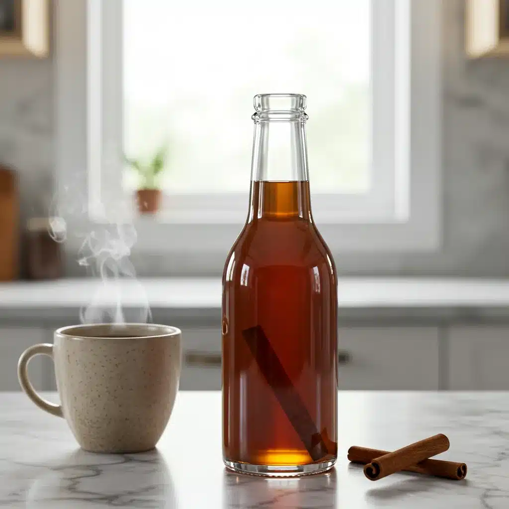 A bottle of homemade cinnamon syrup recipe next to a steaming mug of coffee on a kitchen counter.
