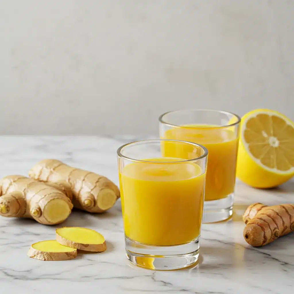 Two glasses of a vibrant yellow ginger shot recipe with fresh ginger, turmeric, and lemon on a marble surface.