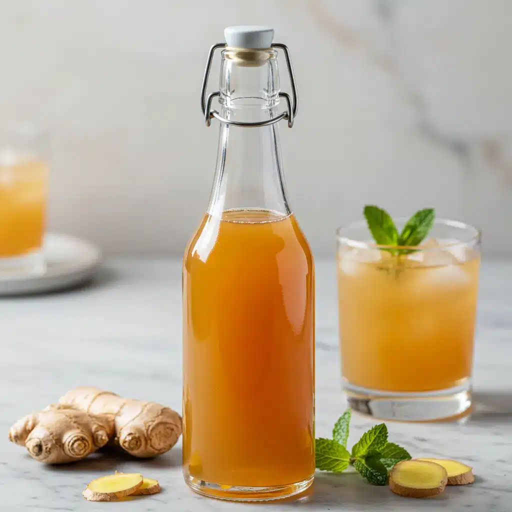 A clear glass bottle of homemade ginger syrup recipe on a marble countertop next to a glass of ginger soda and fresh ginger root.