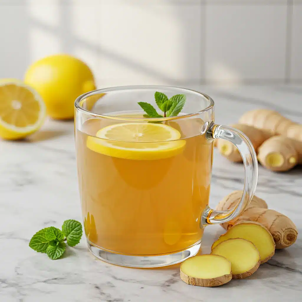 Ginger Tea Recipe (Easy, Soothing & Delicious) 2 A clear glass mug of golden ginger tea, garnished with a lemon slice and fresh mint, sitting on a marble countertop with ingredients in the background.