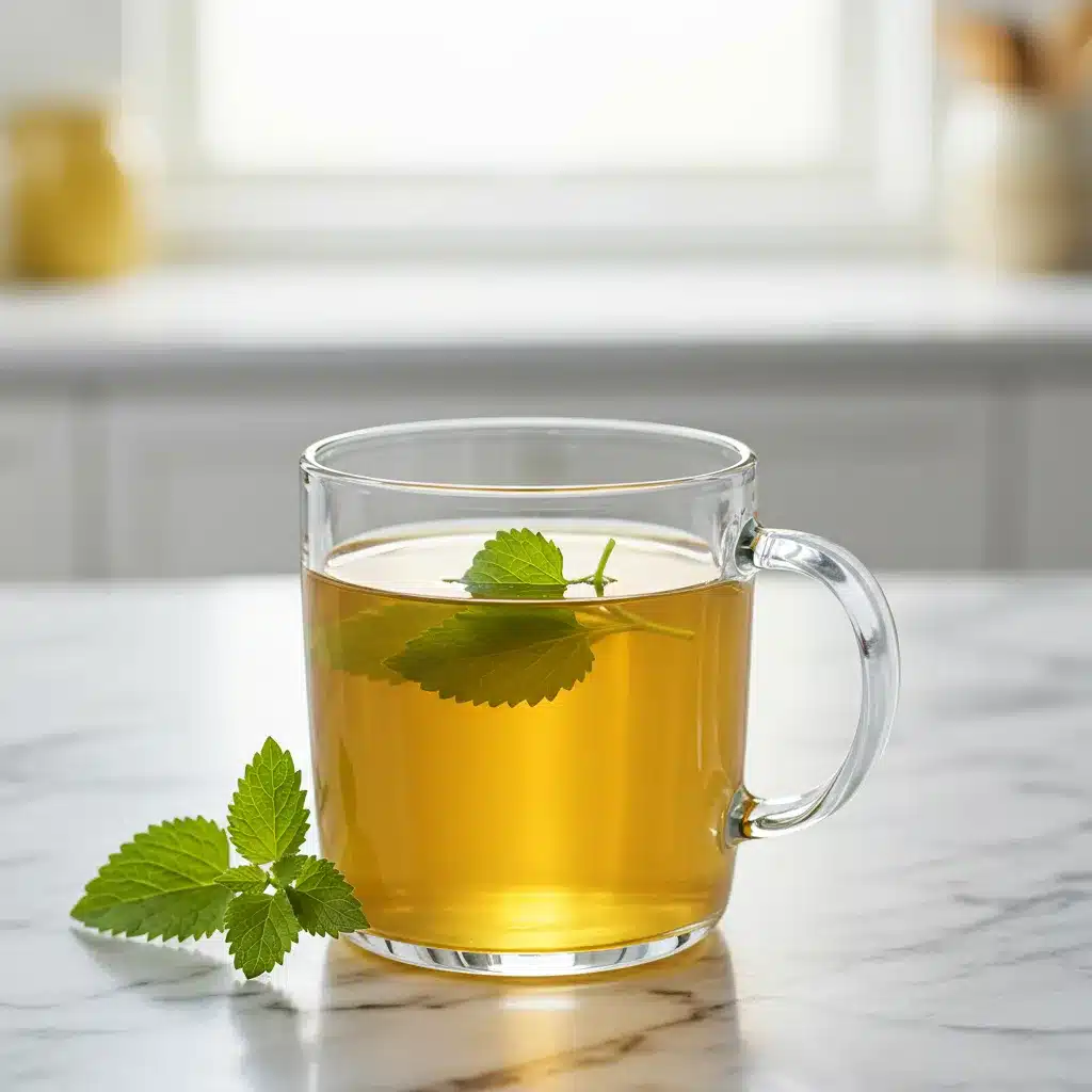 Lemon balm Tea Recipe for Weight Loss and Wellness 2 A clear glass mug of fresh lemon balm tea sitting on a white marble countertop.