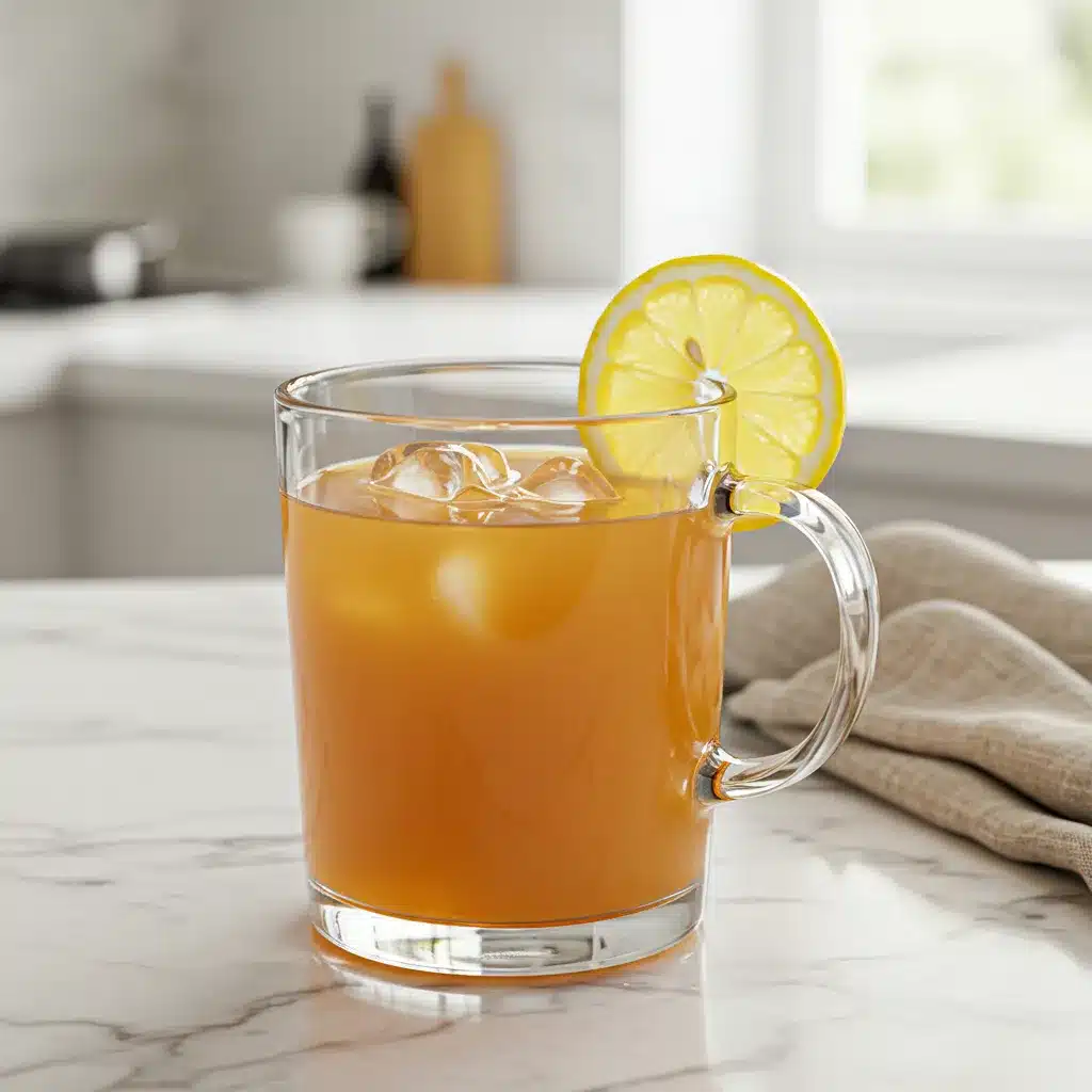 The Ultimate Natural Mounjaro Recipe (4 Ingredients for Weight Loss) 2 A refreshing glass of the Natural Mounjaro Recipe, iced and garnished with a lemon slice, sitting on a kitchen counter.