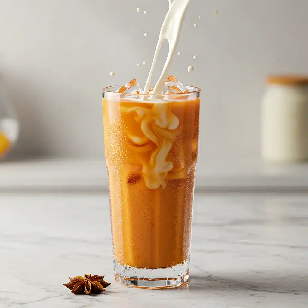Thai Tea Recipe (Authentic & Easy) 2 A tall glass of vibrant orange Thai tea with ice, as creamy milk is being poured in, creating elegant swirls.