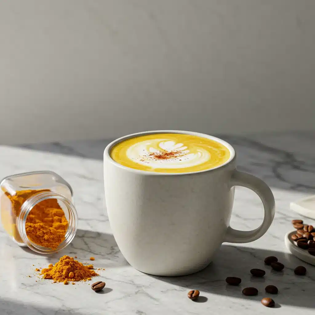 Turmeric Coffee Recipe 2 A freshly made turmeric coffee in a ceramic mug, with a jar of turmeric powder and coffee beans on a marble countertop.