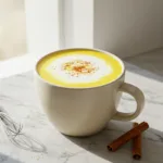 A warm turmeric latte in a beige mug sitting on a marble countertop next to cinnamon sticks.