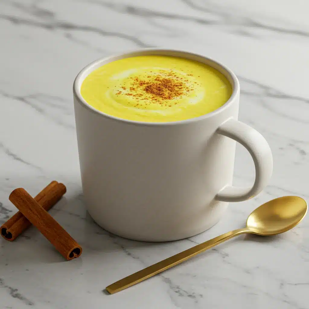 A creamy cup of turmeric milk in a white mug, garnished with cinnamon, with a gold spoon and cinnamon sticks on a marble countertop.
