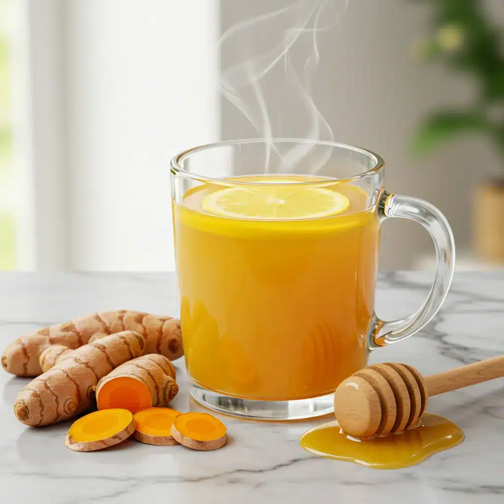 A steaming glass mug of golden turmeric tea with fresh turmeric root and honey on a white marble countertop.