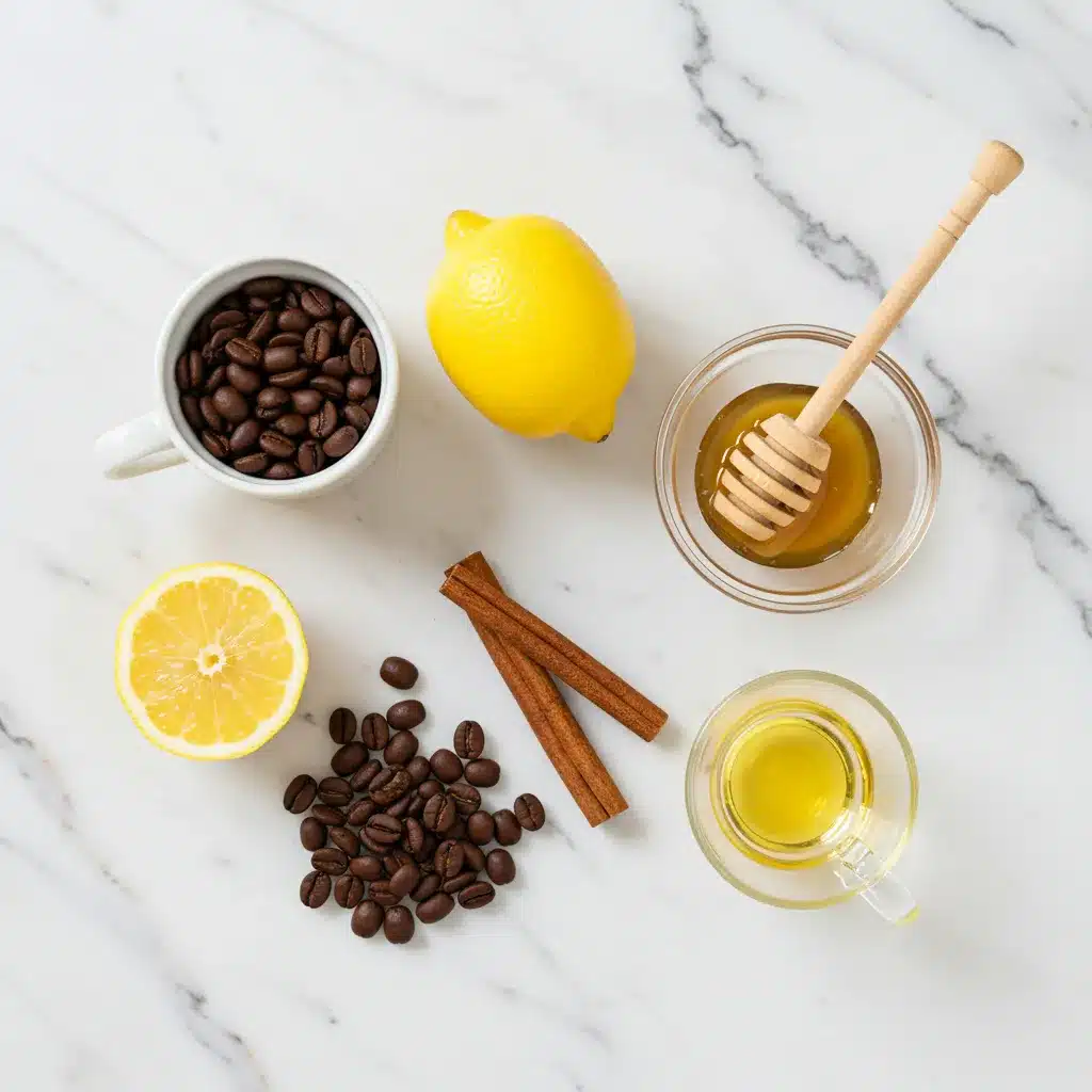 Coffee Loophole Recipe For Weight Loss 3 Flat lay of coffee loophole recipe ingredients including lemon, honey, cinnamon, and coffee beans.