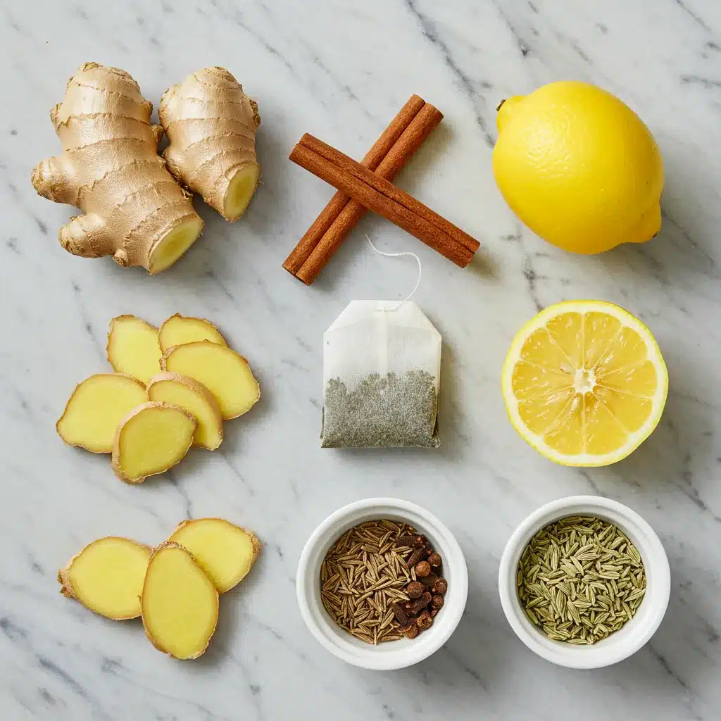 Bariatric Tea Recipe for Weight Loss (3-Ingredient Option!) 3 Natural ingredients for a Bariatric Tea Recipe, including ginger, lemon, and spices, arranged on a marble surface.