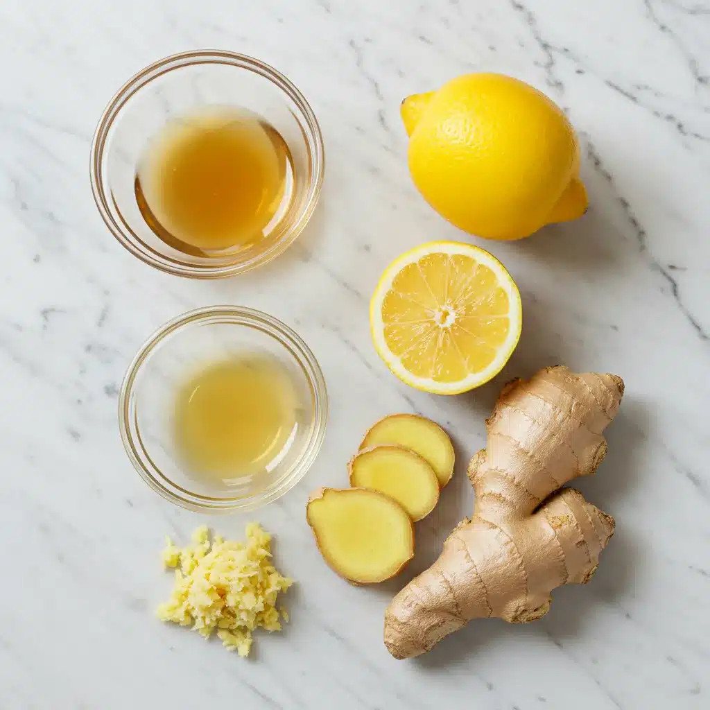 The Ultimate Brazilian Mounjaro Recipe (3 Ingredients for Weight Loss) 3 Fresh ingredients for the Brazilian Mounjaro recipe, including ginger, lemon, and liquids, displayed on a marble surface.