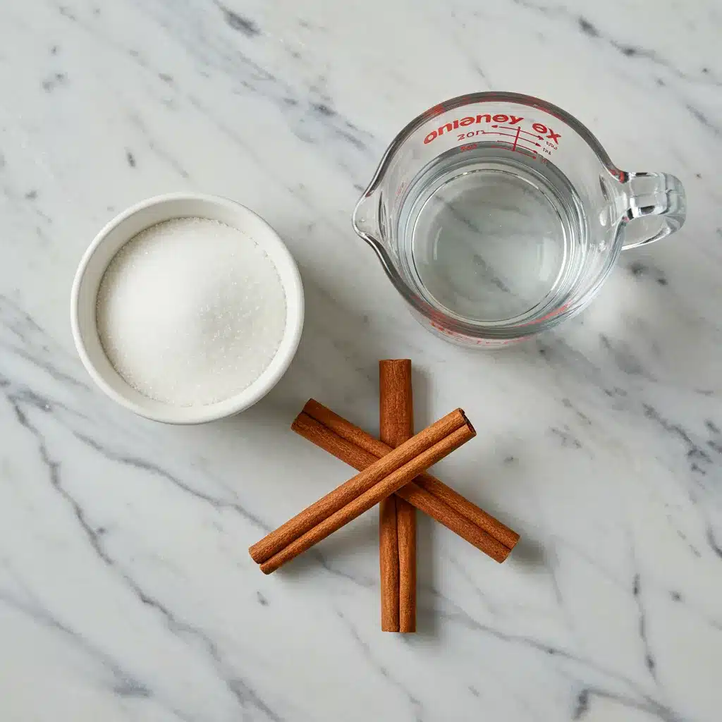 Cinnamon Syrup Recipe (for Coffee, Cocktails, and More!) 3 Ingredients for a simple cinnamon syrup recipe, including water, sugar, and cinnamon sticks, on a marble surface.