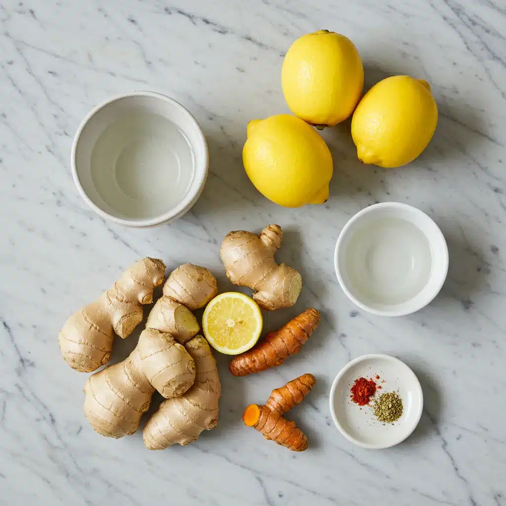 Ginger Shot Recipe (Quick, Potent & Easy!) 3 A top-down view of the ingredients for a ginger shot recipe, including ginger, turmeric, lemons, and spices, on a marble background.
