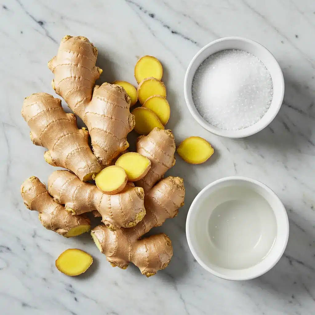 The Ultimate Ginger Syrup Recipe (Easy & Versatile) 3 Top-down view of the three ingredients for a ginger syrup recipe: fresh ginger, white sugar, and water on a marble surface.