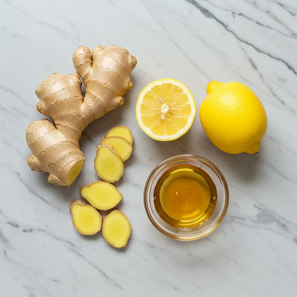 Ginger Tea Recipe (Easy, Soothing & Delicious) 3 Top-down view of fresh ingredients for a ginger tea recipe, including ginger root, sliced ginger, lemons, and a bowl of honey on a marble background.