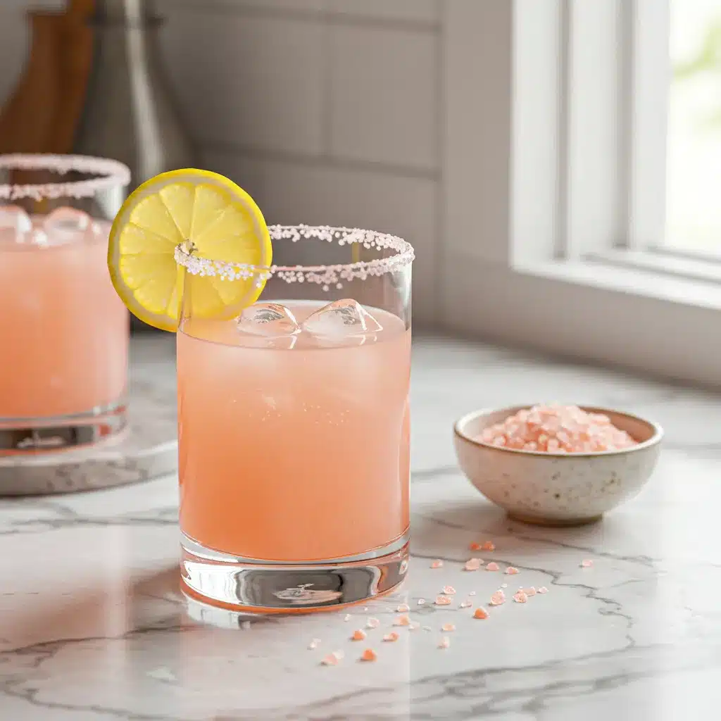 The Ultimate Japanese Pink Salt Recipe for Weight Loss & Vitality 5 A beautifully presented Japanese pink salt recipe in a glass on a marble countertop, next to a bowl of pink salt.