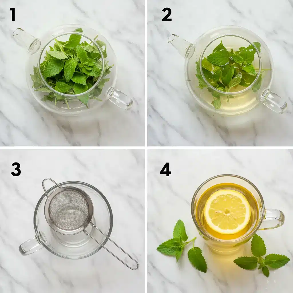 Lemon balm Tea Recipe for Weight Loss and Wellness 5 A four-panel collage showing the steps to make lemon balm tea from fresh leaves.
